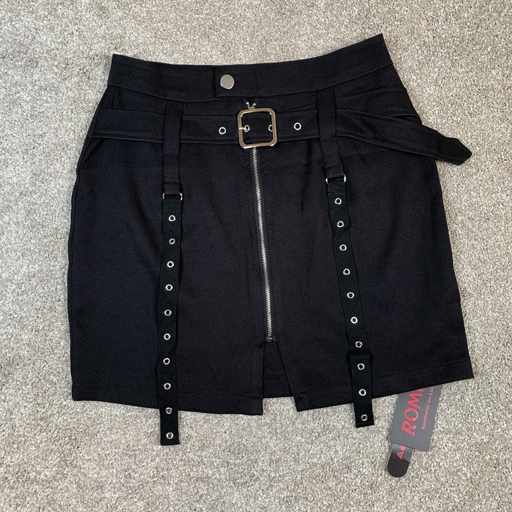 NWT ROMWE Women's Black Mini Skirt Goth Buckles Rock Punk Grunge Party SMALL 4